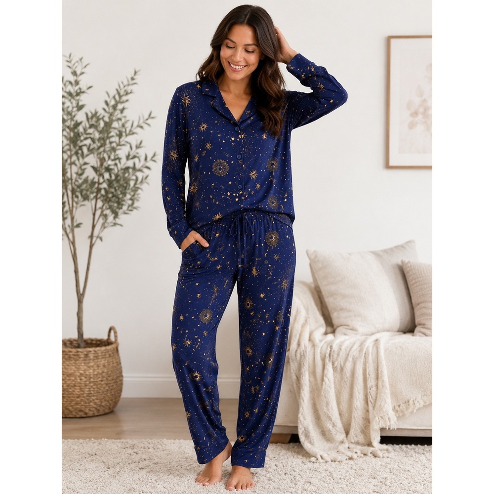 Room Service Womens Celestial Pajama Set Navy Gold Star Moon Sun XS Long Sleeve